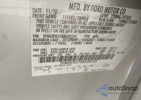 2011 Ford Flex Sel z USA, uszkodzony, nr VIN 2FMGK5CC7BBD20523